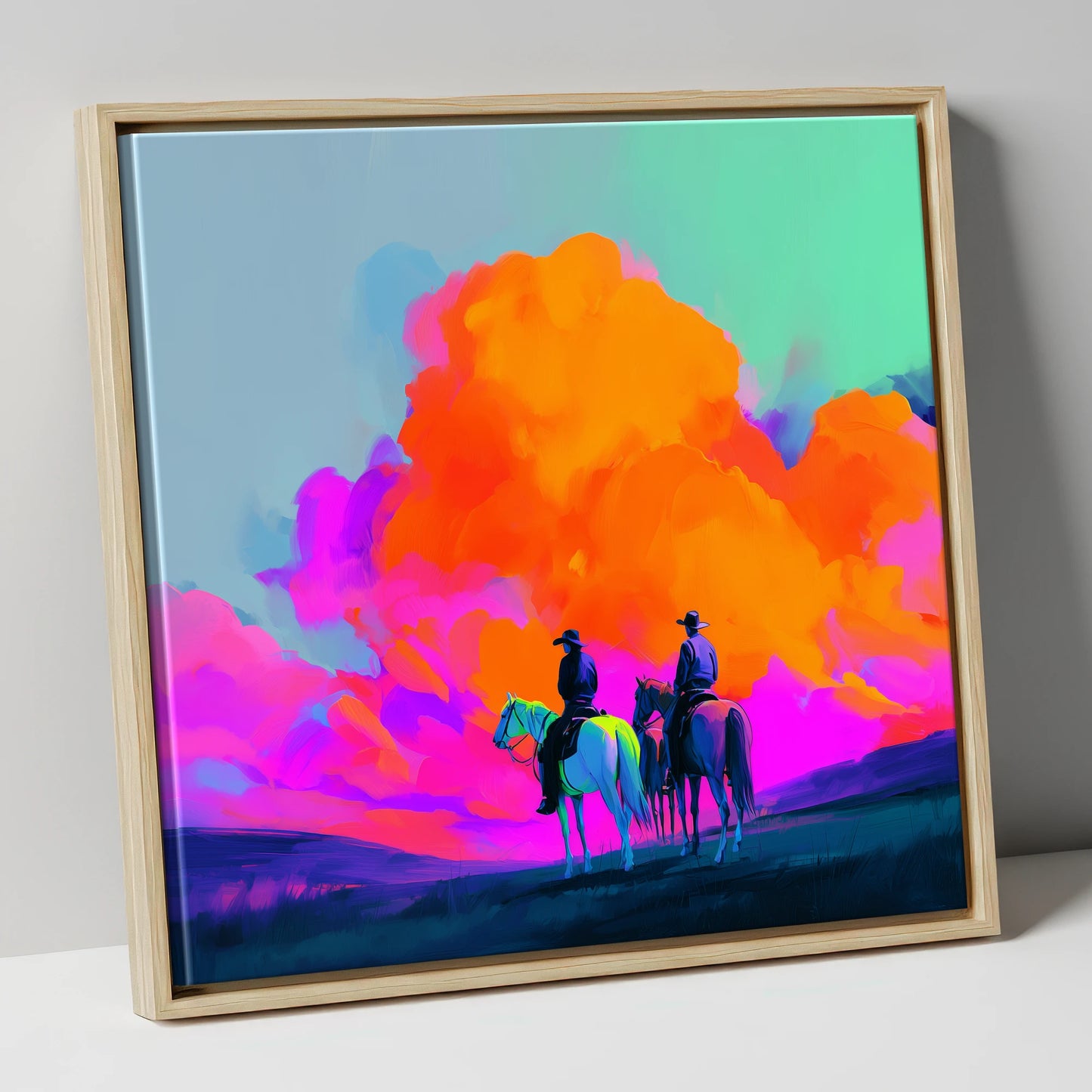 Vivid Western Horizon horse landscape canvas wall art in natural frame