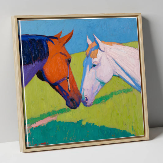 Vivid Equine Greeting horse portrait canvas wall art in natural frame