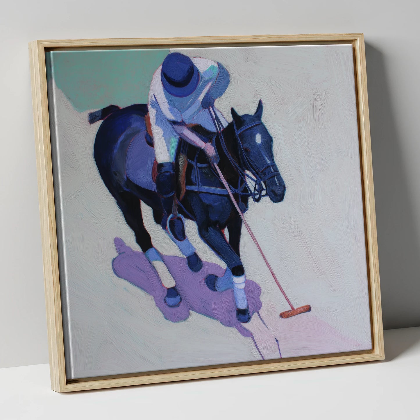 The Indigo Swing polo horse canvas wall art in natural frame