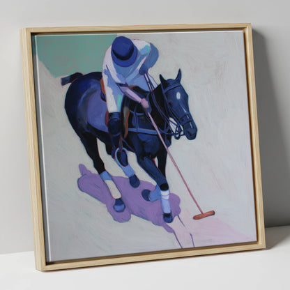 The Indigo Swing polo horse canvas wall art in natural frame