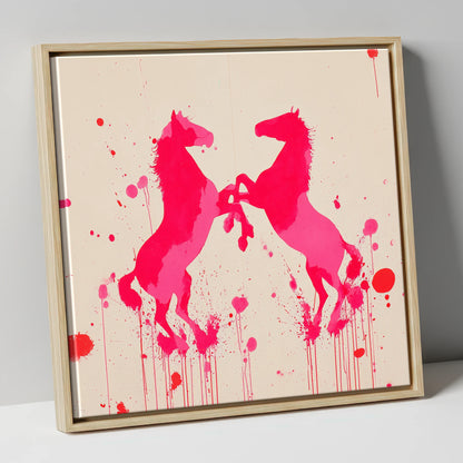Rearing in Magenta wild horses canvas wall art in natural frame