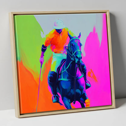 Neon Chukka polo horse canvas wall art in natural frame