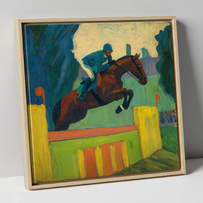 Over the Vivid Wall show jumping horse canvas wall art in natural frame