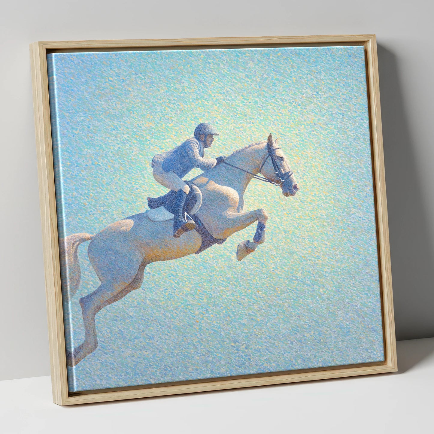 Luminous Ascent show jumping horse canvas wall art in natural frame