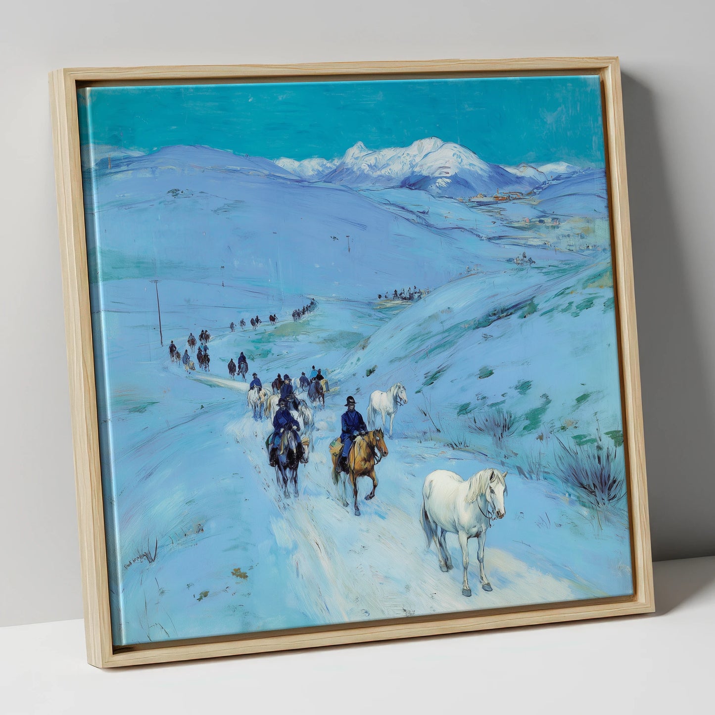 Alpine Winter Cavalcade horse landscape canvas wall art in natural frame