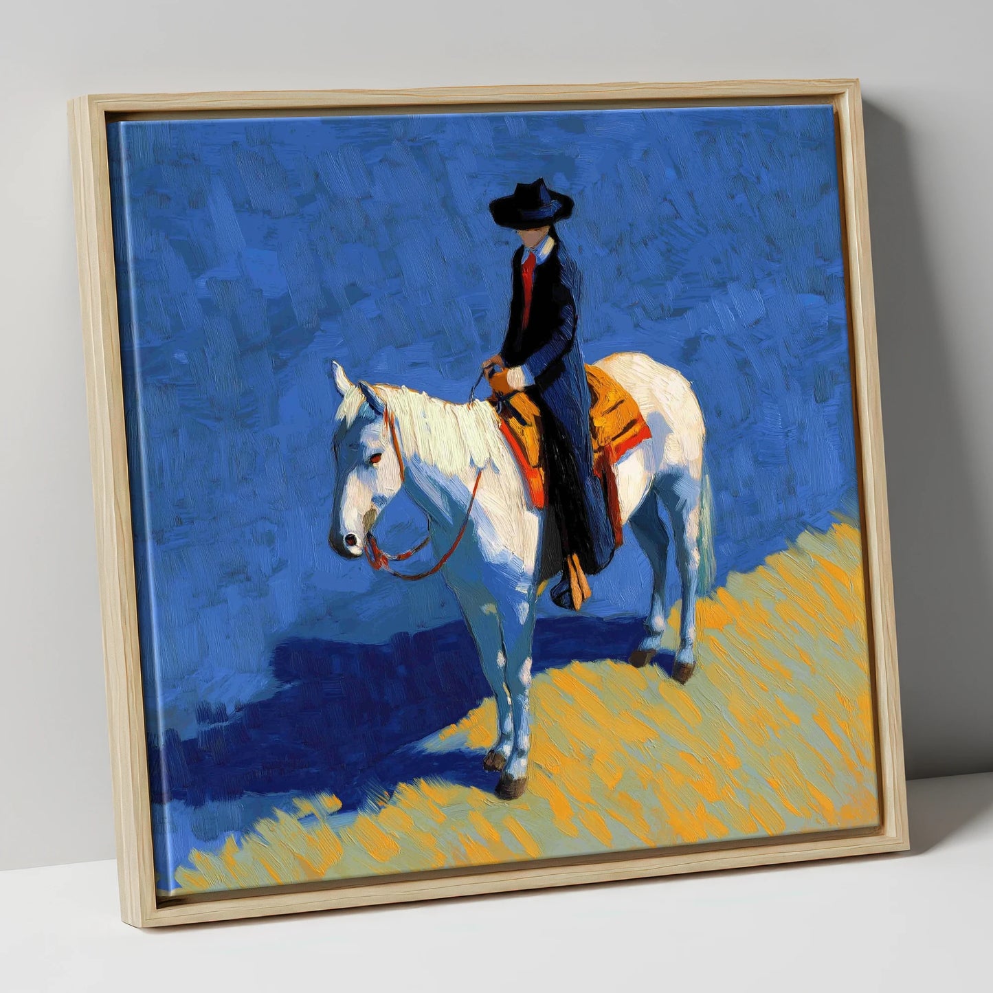 Vaquero in Blue western horse canvas wall art in natural frame