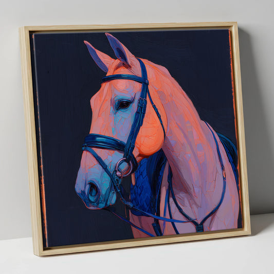 Midnight and Peach Profile horse portrait canvas wall art in natural frame