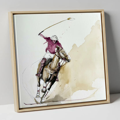 The Decisive Swing polo horse canvas wall art in natural frame