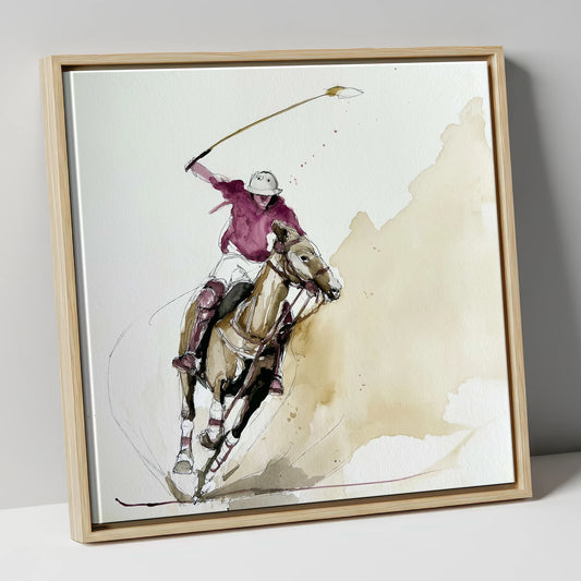 The Decisive Swing polo horse canvas wall art in natural frame