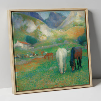 Vibrant Valley Pasture horse landscape canvas wall art in natural frame