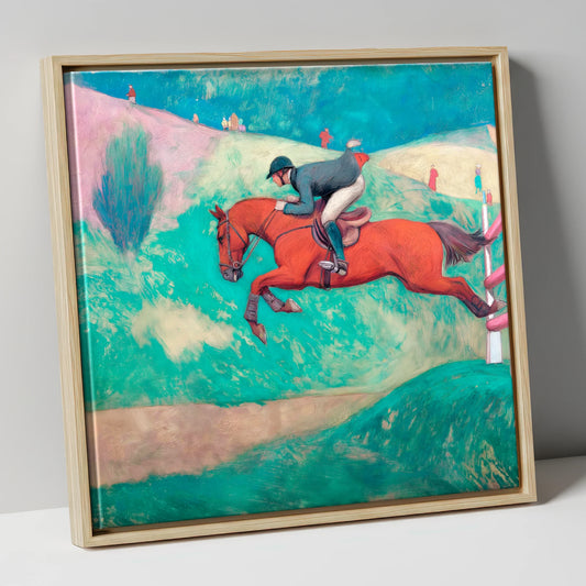 Flight Over Emerald Hills show jumping horse canvas wall art in natural frame
