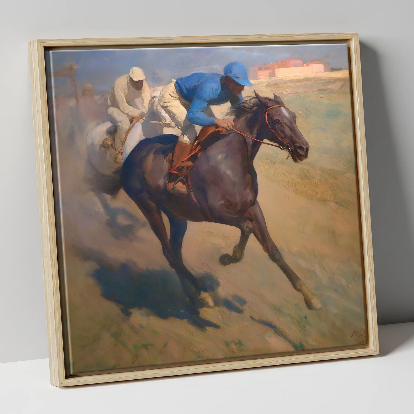 The Final Furlong racing horse canvas wall art in natural frame