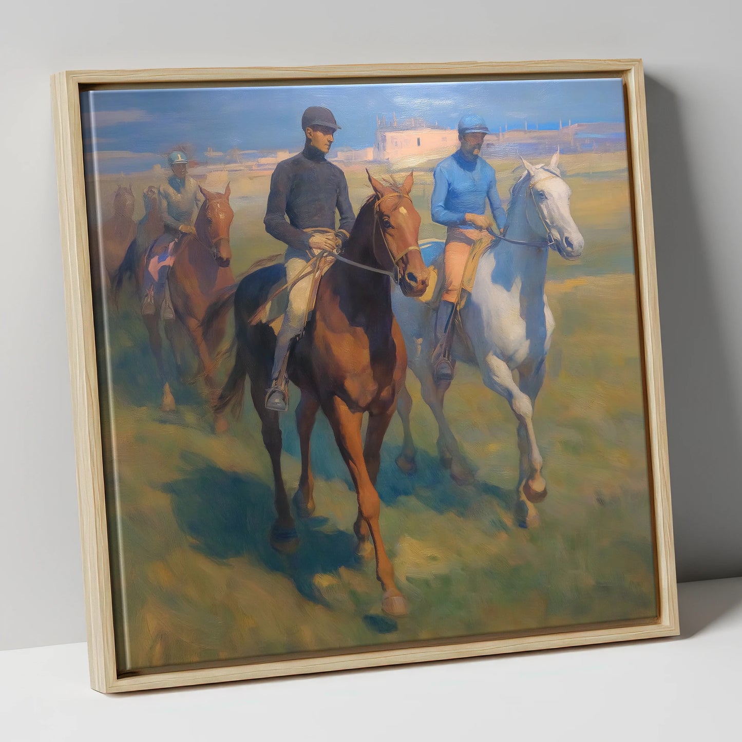 The Dawn String racing horse canvas wall art in natural frame