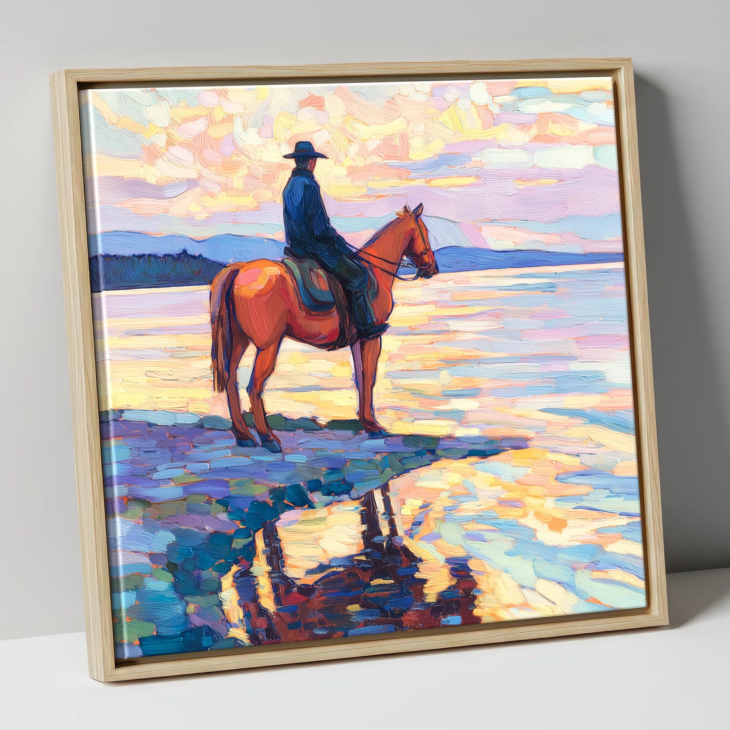 Solitary Sunset Ride beach horse canvas wall art in natural frame