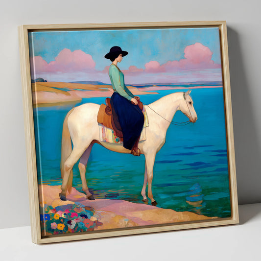 Coastal Reverie beach horse canvas wall art in natural frame