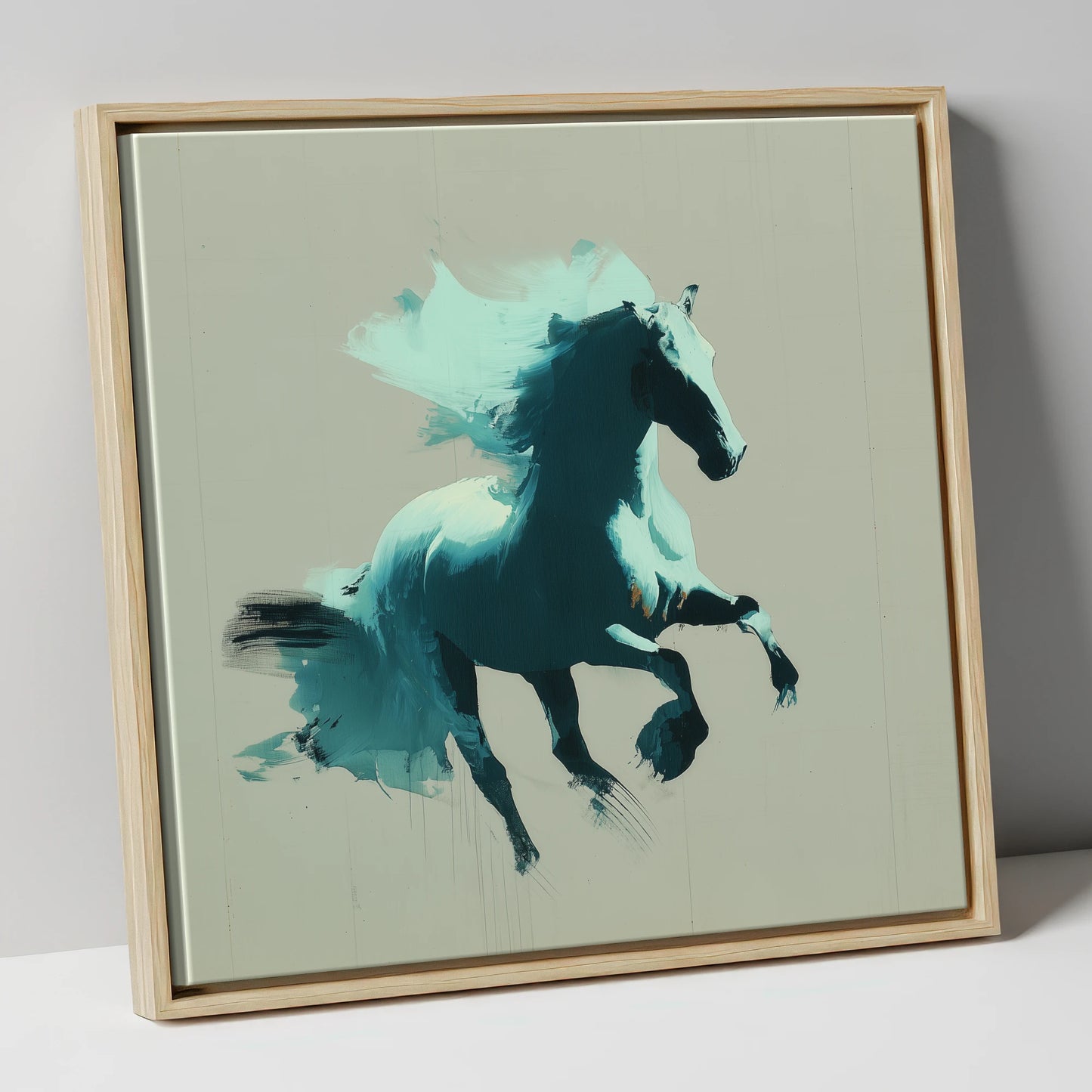 Dynamic Teal Stallion horse breed canvas wall art in natural frame