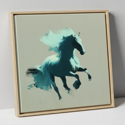 Dynamic Teal Stallion horse breed canvas wall art in natural frame
