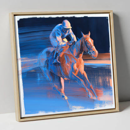 Twilight Stretch racing horse canvas wall art in natural frame