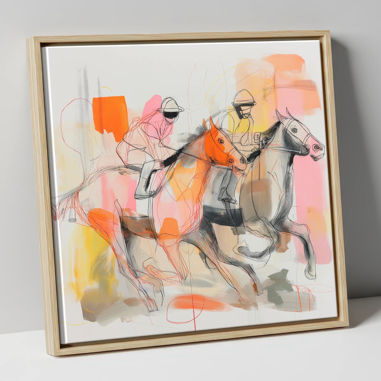 Vibrant Final Furlong racing horse canvas wall art in natural frame