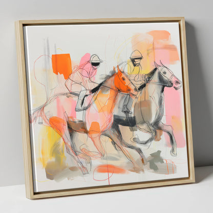 Vibrant Final Furlong racing horse canvas wall art in natural frame