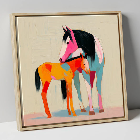 Vivid Maternal Bond mare & foal canvas wall art in natural frame
