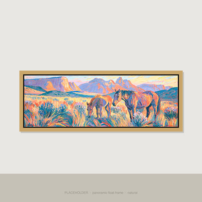 Painted Valley Grazing Horse Landscape panoramic canvas wall art in natural float frame