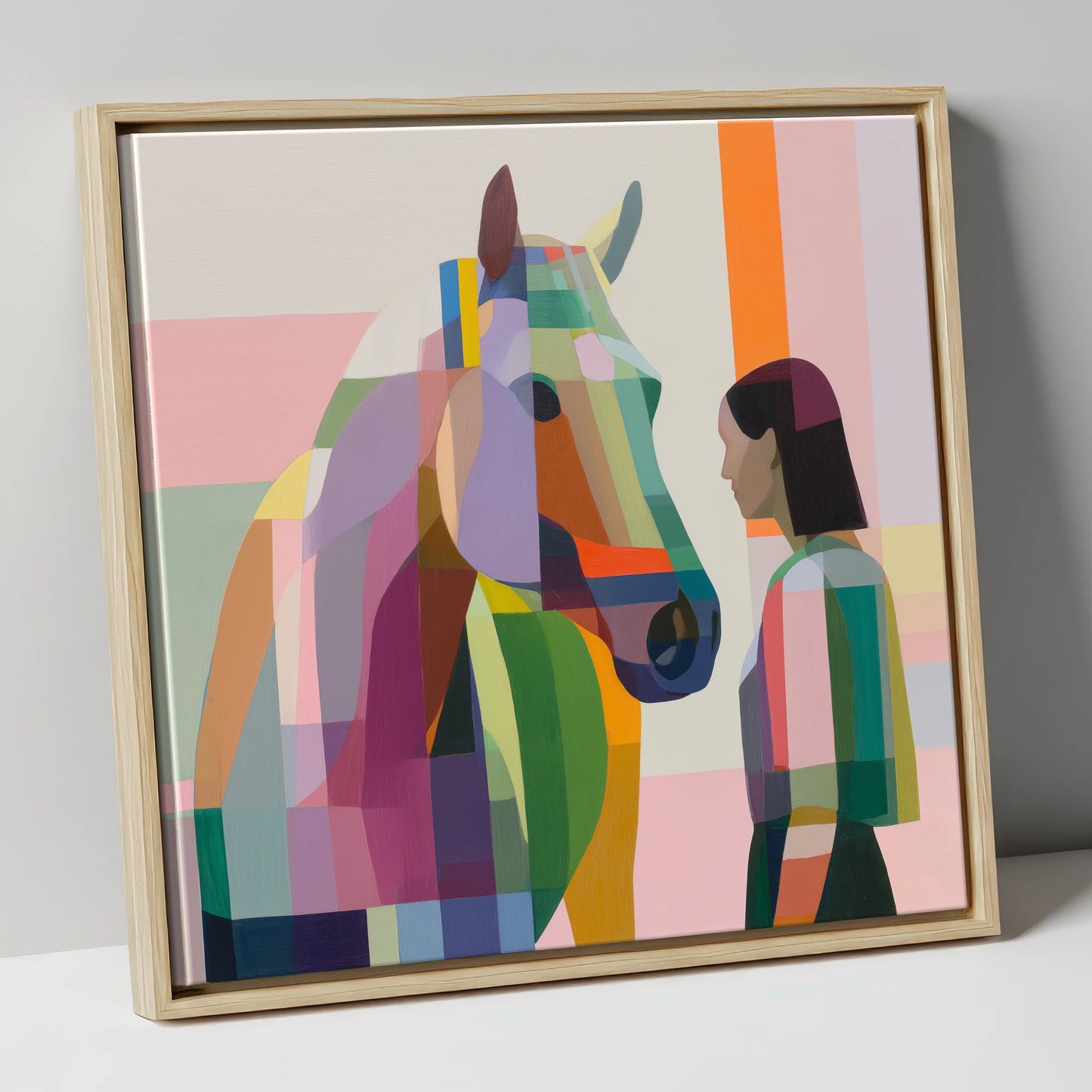 Prismatic Partnership horse & rider canvas wall art in natural frame