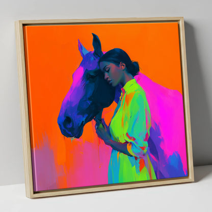 Technicolour Bond horse & rider canvas wall art in natural frame
