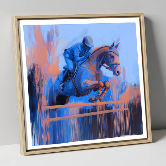 Momentum in Blue and Peach show jumping horse canvas wall art in natural frame
