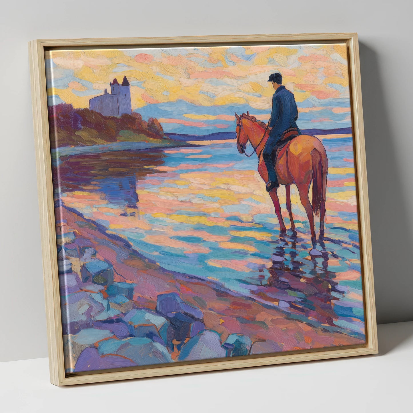 Rider at Castle Bay beach horse canvas wall art in natural frame