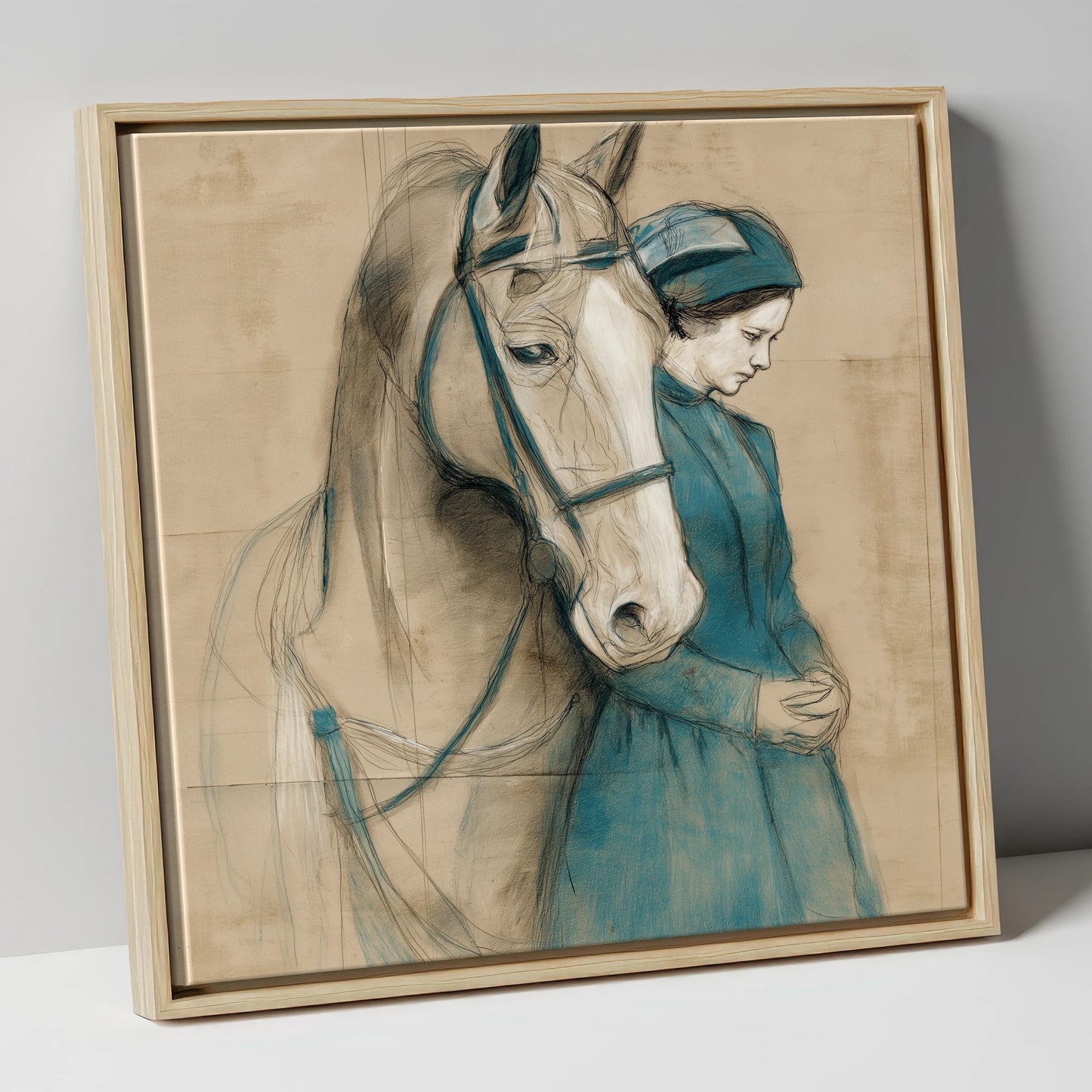 Silent Bond horse & rider canvas wall art in natural frame