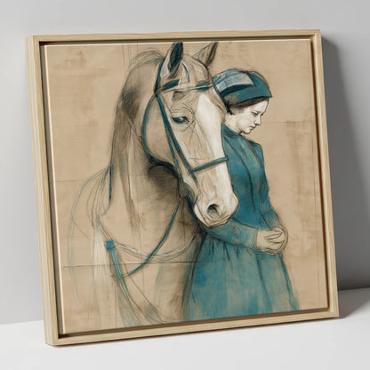 Silent Bond horse & rider canvas wall art in natural frame
