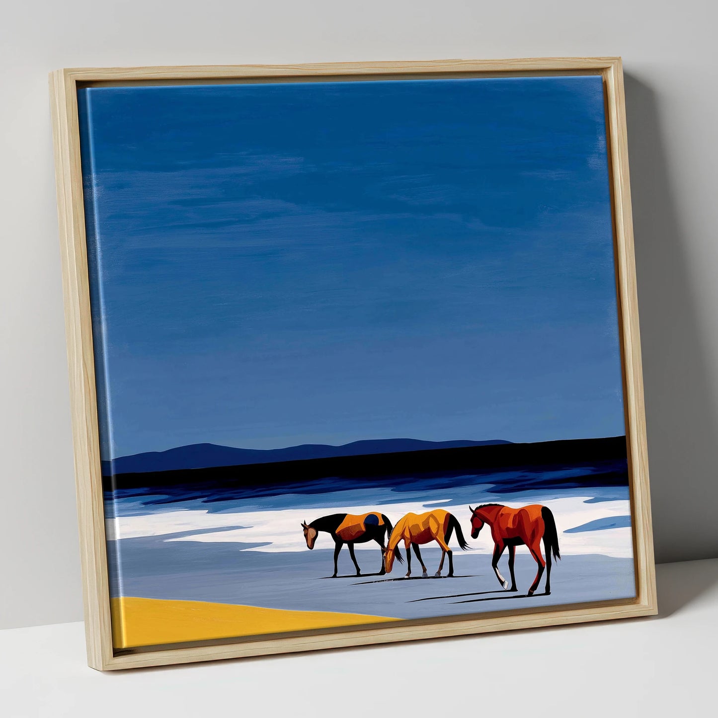 Azure Shoreline Trio horse landscape canvas wall art in natural frame