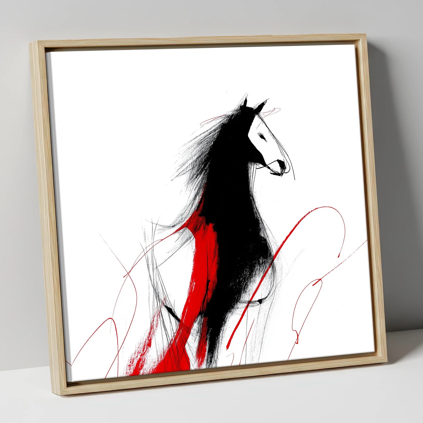 Crimson Equine Silhouette horse portrait canvas wall art in natural frame