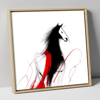 Crimson Equine Silhouette horse portrait canvas wall art in natural frame