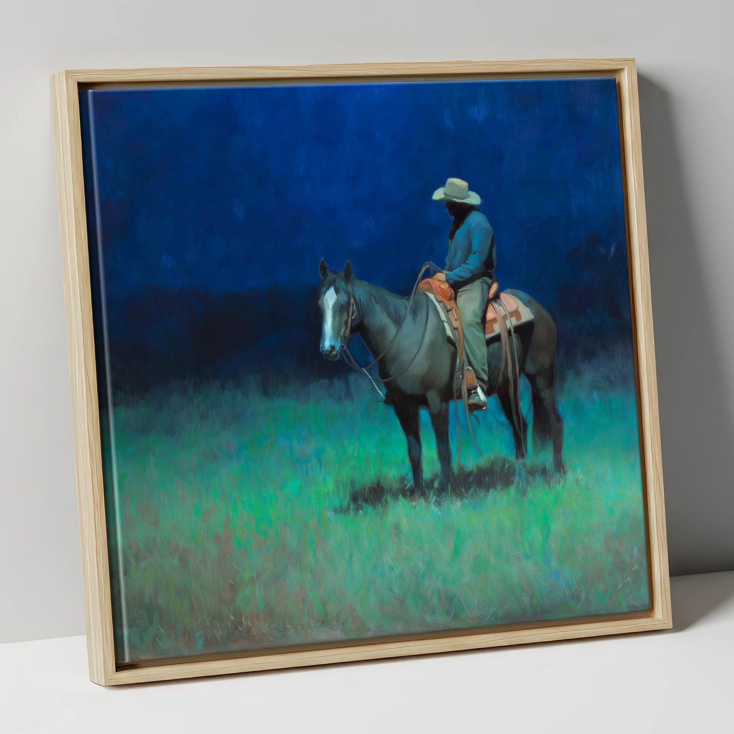 Indigo Silence western horse canvas wall art in natural frame