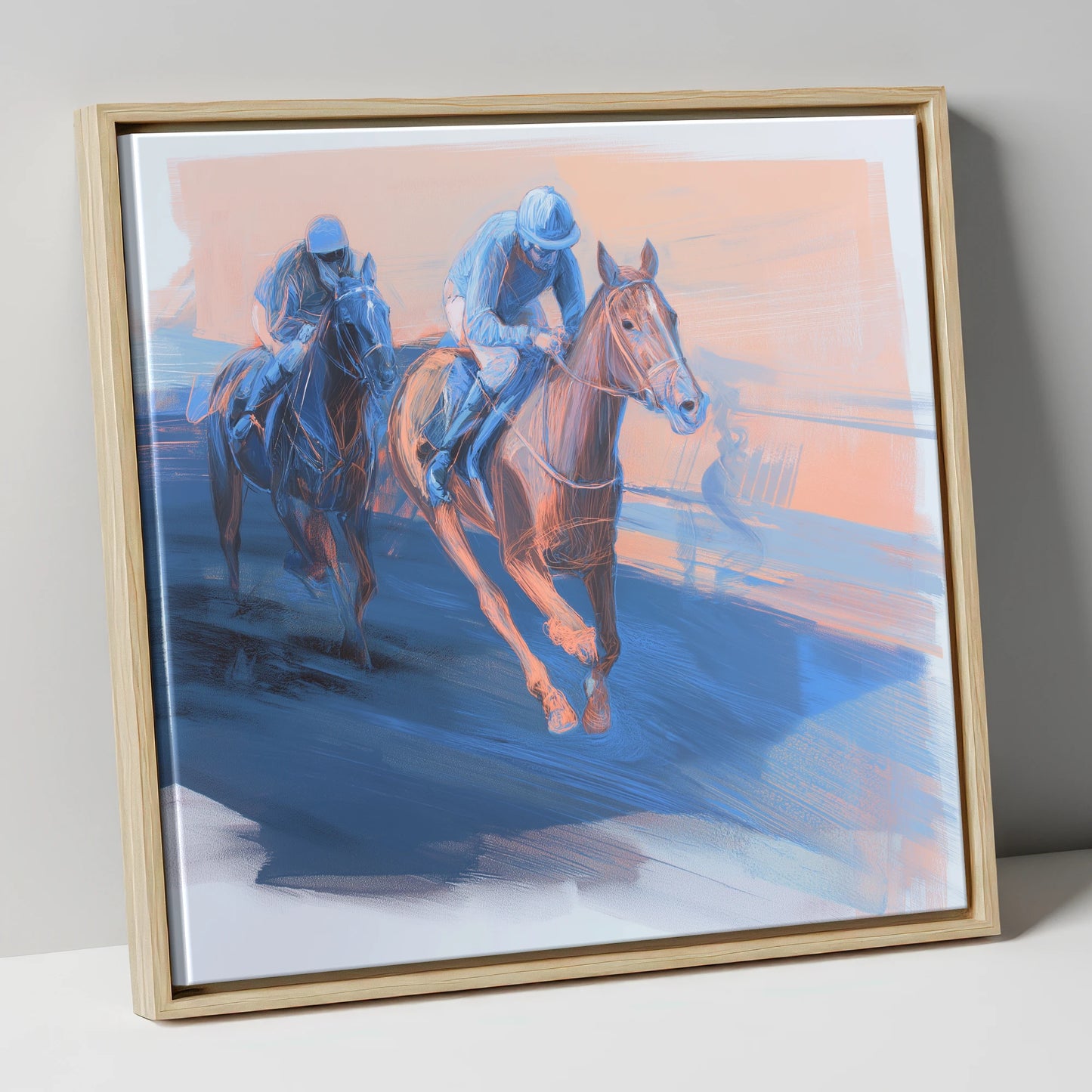 The Blue Furlong racing horse canvas wall art in natural frame