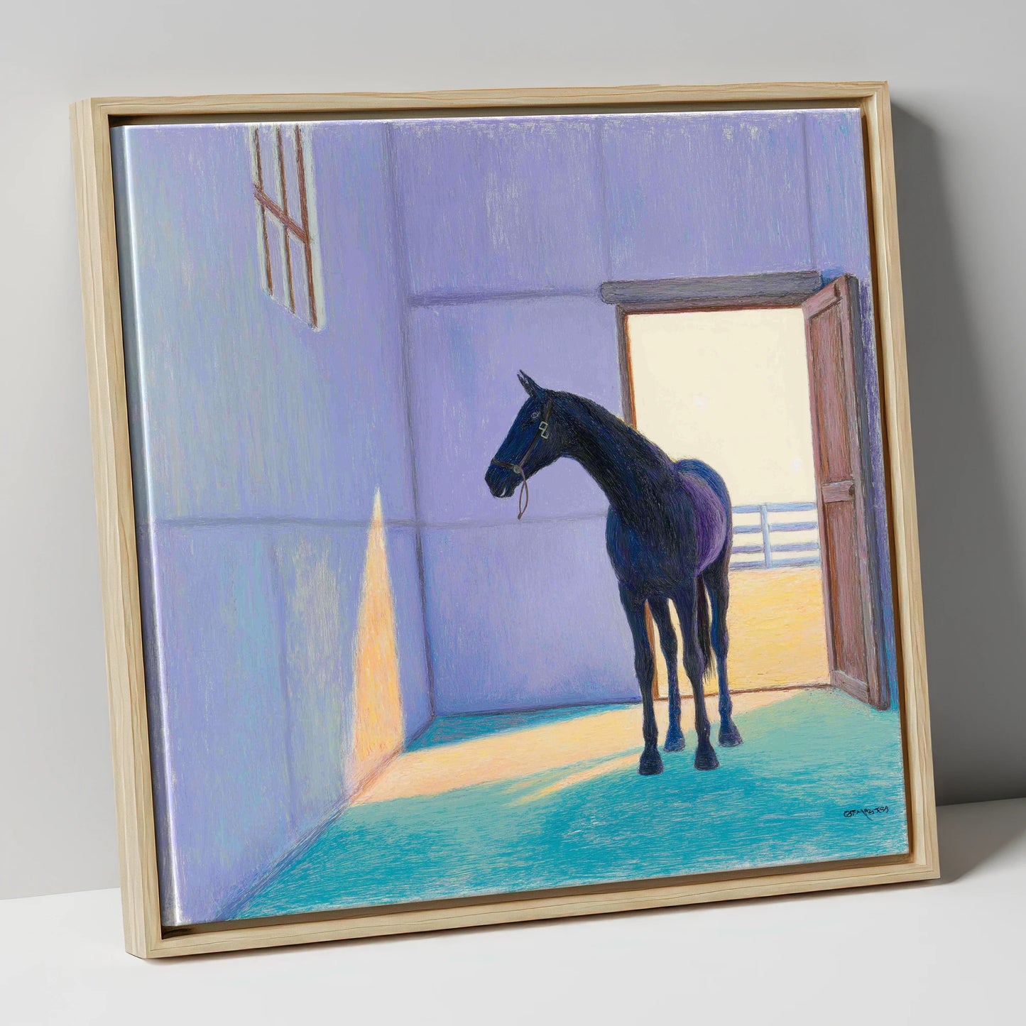 Sunlit Stable Shadows horse stable canvas wall art in natural frame