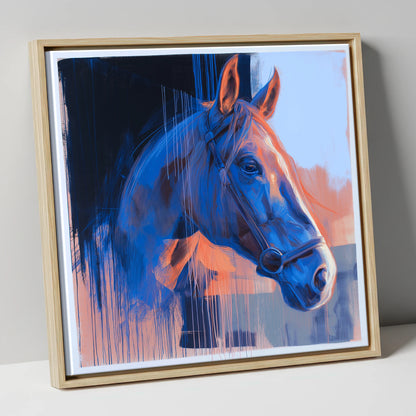 Cobalt and Apricot Light horse portrait canvas wall art in natural frame