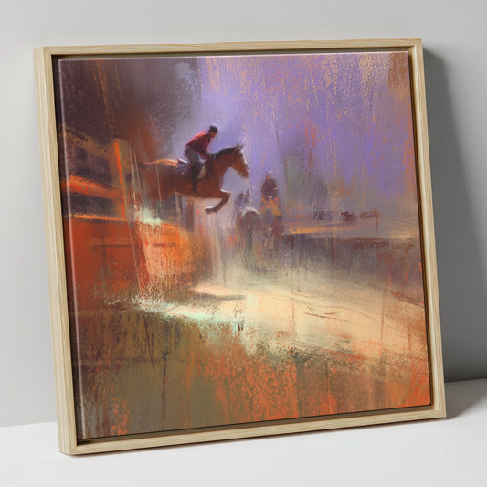 Violet And Sienna Ascent show jumping horse canvas wall art in natural frame