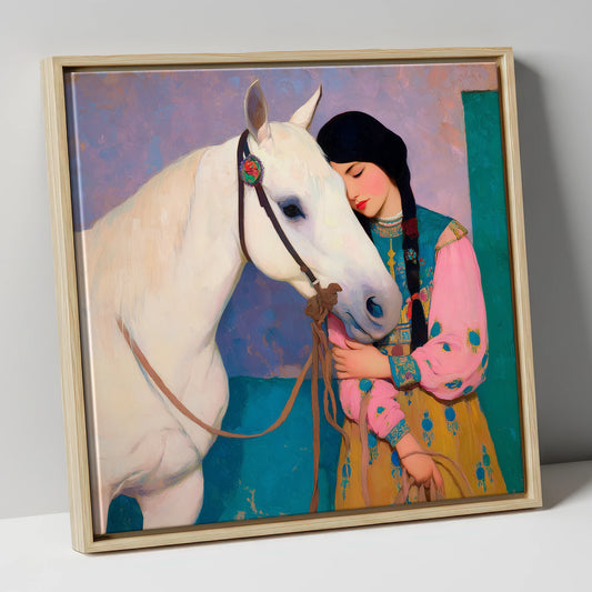 Quiet Devotion horse & rider canvas wall art in natural frame