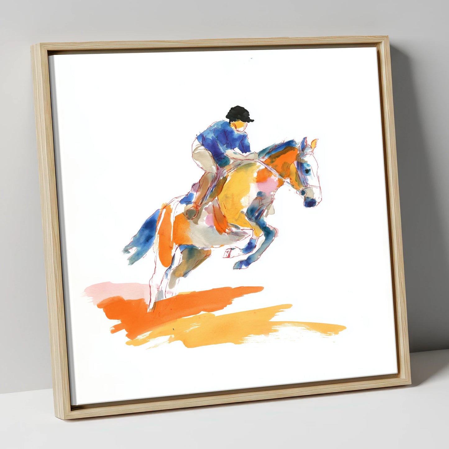 Vibrant Flight show jumping horse canvas wall art in natural frame