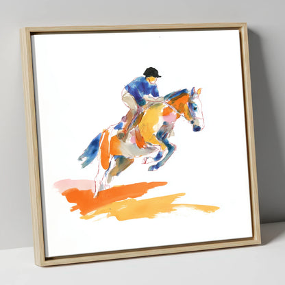 Vibrant Flight show jumping horse canvas wall art in natural frame