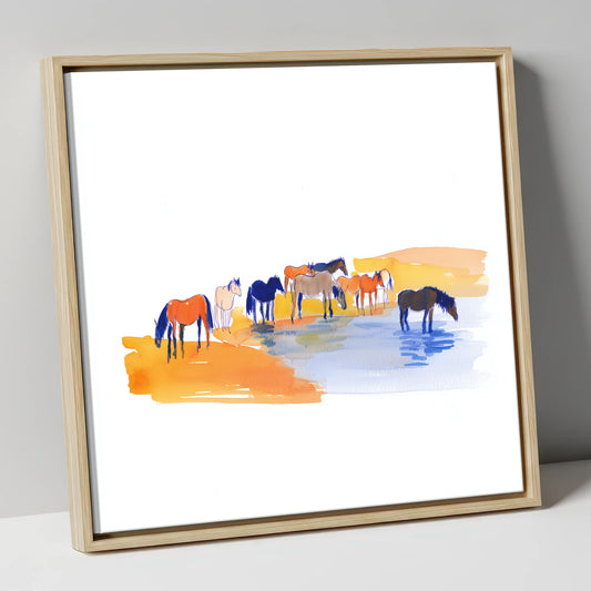 Oasis Gathering wild horses canvas wall art in natural frame