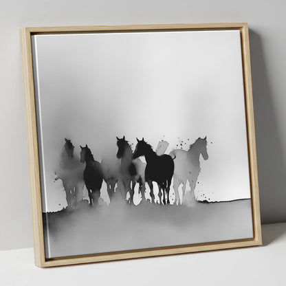 Ethereal Herd Silhouettes wild horses canvas wall art in natural frame
