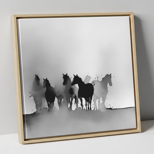 Ethereal Herd Silhouettes wild horses canvas wall art in natural frame