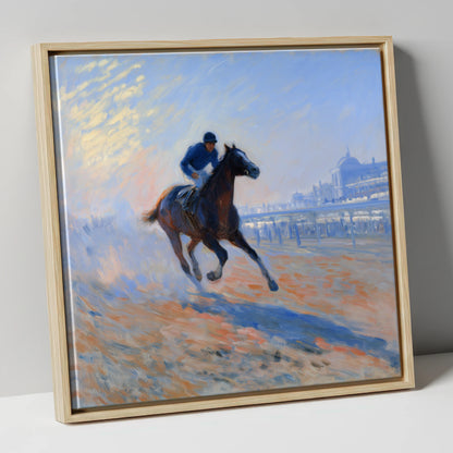 Luminous Morning Gallop racing horse canvas wall art in natural frame