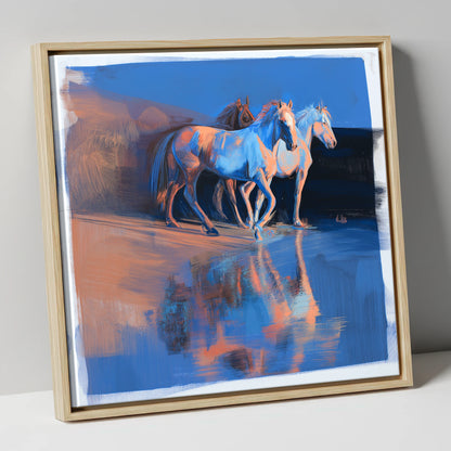 Wild Reflections at Dawn wild horses canvas wall art in natural frame