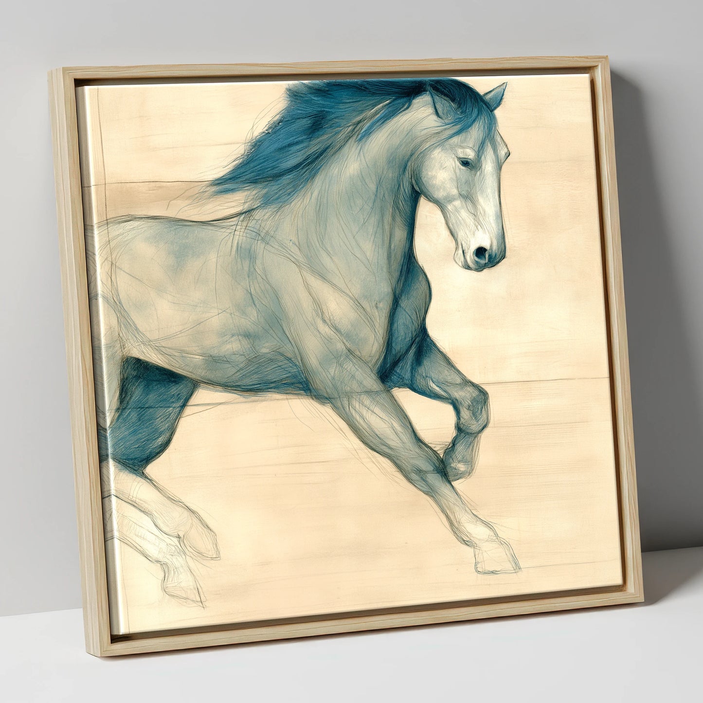 Teal Equine Study horse portrait canvas wall art in natural frame