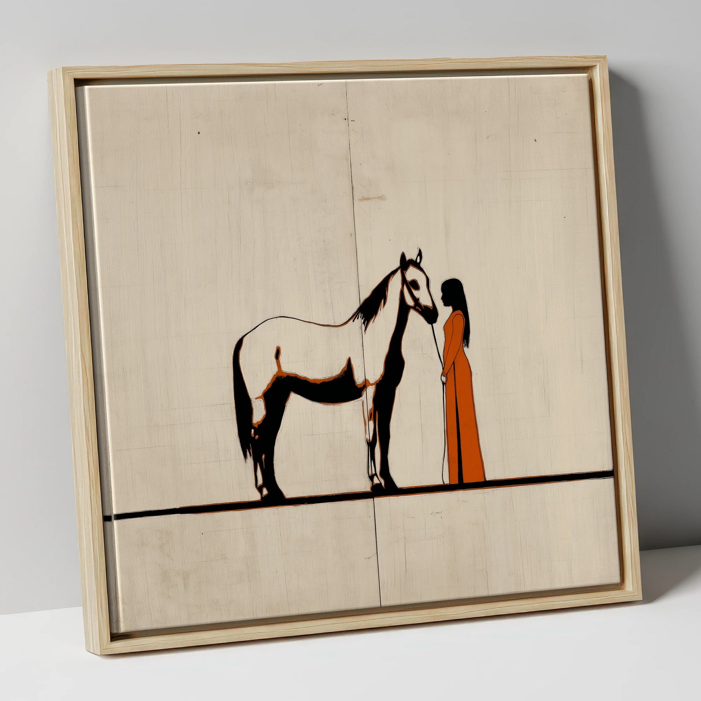 Quiet Connection horse & rider canvas wall art in natural frame